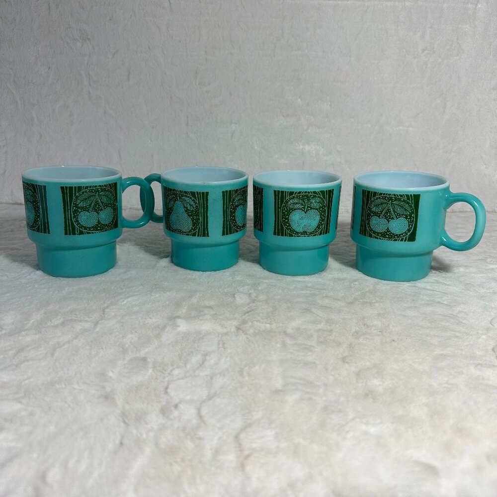 4 Vintage Teal Blue Stackable Coffee Mug Cups Turquoise Hazelware Fruit W6809 - Picture 2 of 12